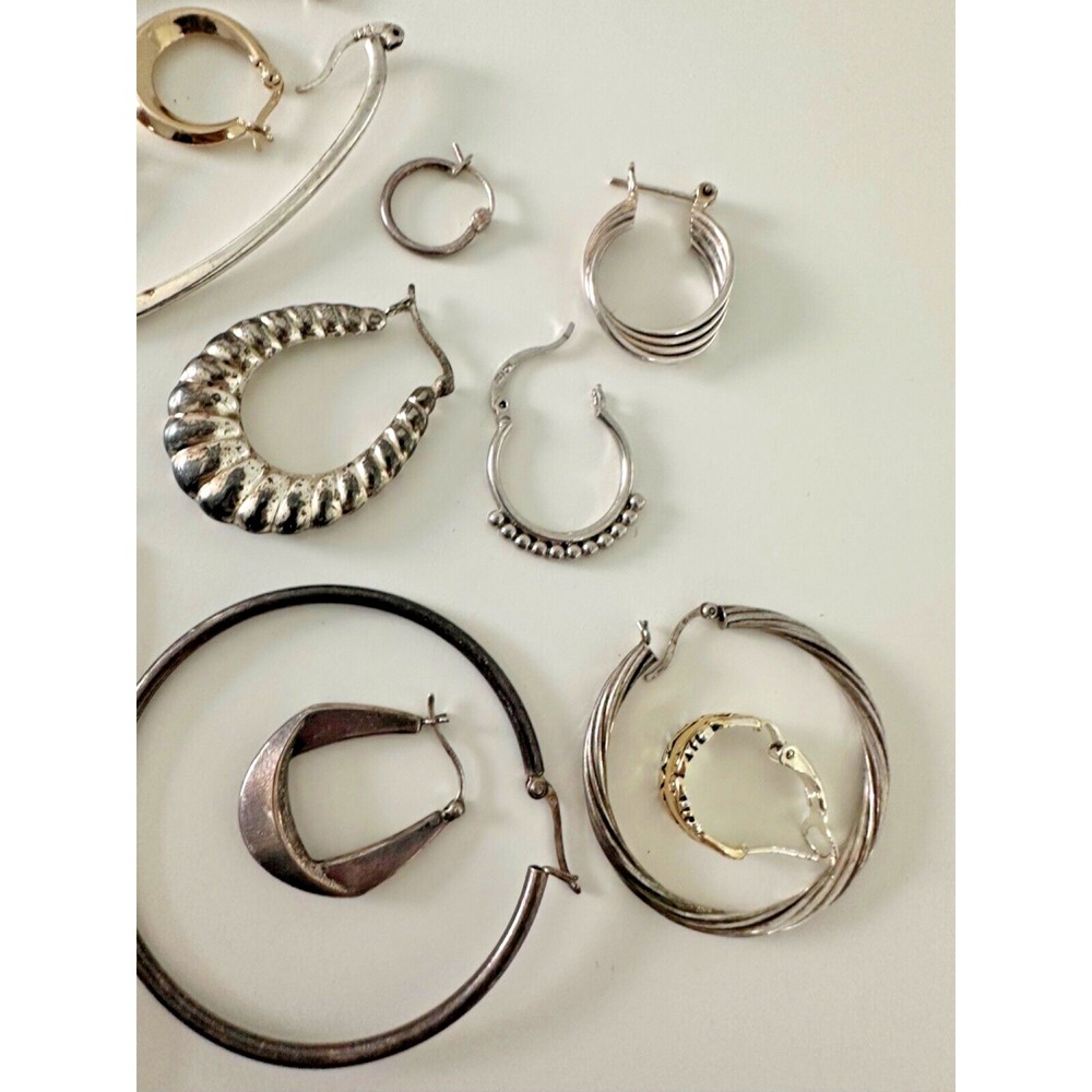 Sterling Silver SINGLE EARRINGS set 22 Hoops 925 Hinged Textured 52 grams - Picture 6 of 11